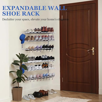 2 Pack Wall Mounted Shoe Rack, 3 Tier Hanging Shoe Rack Holds 24 Pairs, 17"-30"Adjustable Heavy Duty Metal Shoe Organizer Holder with 4 Storage Hooks, Space Saving for Closet Entryway Doorway（White)