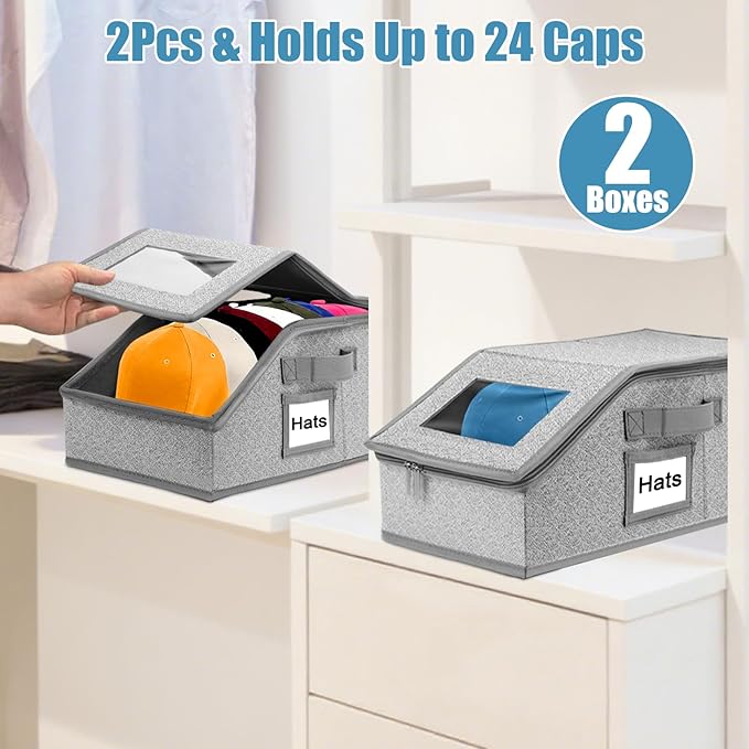 Yotako 2 PCS Stackable Hat Storage for Baseball Caps,Clear Hat Storage Box with Cardboard Holds up to 24 Caps, Baseball Caps Storage Organizer with Hard Lid and Handle Design for Closet Use, Grey