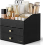 VLANDO Makeup Organizer for Vanity,Large Capacity Countertop Organizer with Drawers, PU Leather Cosmetic Display Case for Lipstick,Brushes,Skincare,Bedroom Storage (Black)