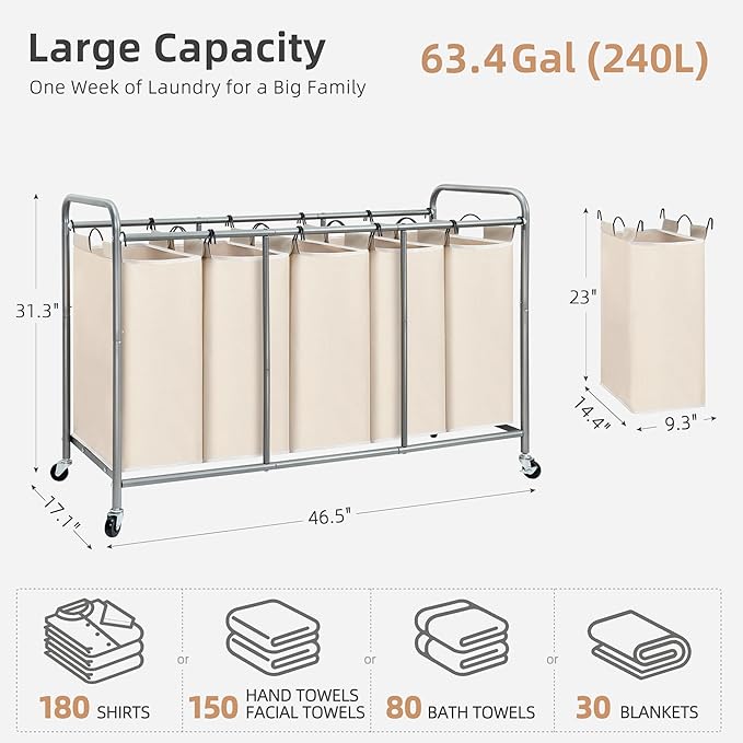 STORAGE MANIAC 5 Section Laundry Sorter, 5 Bins Rolling Separator Laundry Basket, Dirty Clothes Hamper Divider with Heavy Duty Rolling Lockable Wheels, Large Clothes Organizer Cart, Beige