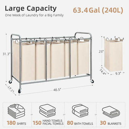 STORAGE MANIAC 5 Section Laundry Sorter, 5 Bins Rolling Separator Laundry Basket, Dirty Clothes Hamper Divider with Heavy Duty Rolling Lockable Wheels, Large Clothes Organizer Cart, Beige