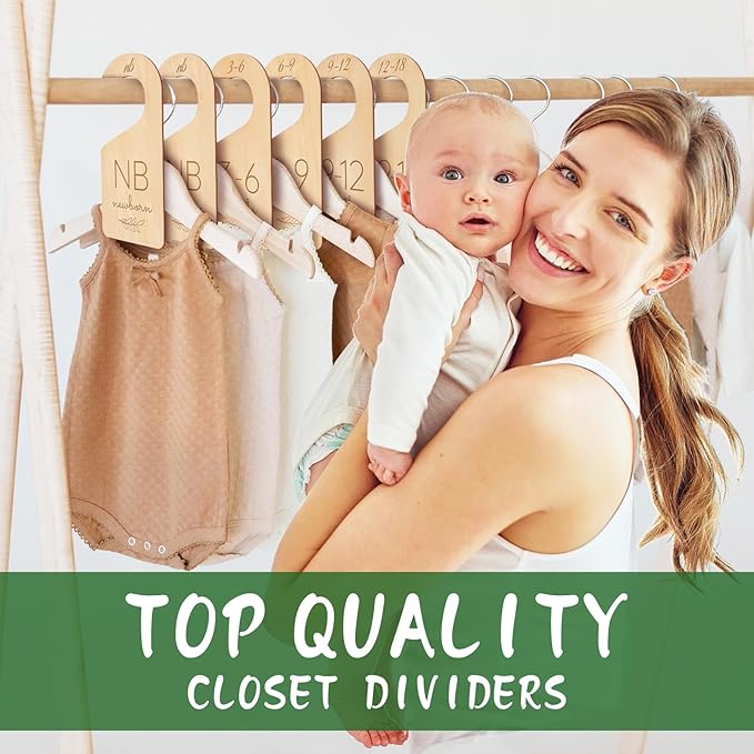 Wooden Baby Closet Dividers - 8 Pcs Double-Sided Design for Newborn Nursery Room Wardrobe Storage by Months Size - Perfect Toddler Clothes Organizer (Olive-1)