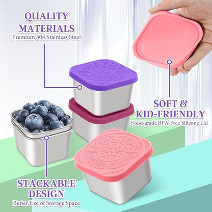 Qukaka Stainless Steel Snack Containers for Kids,7.2oz Easy Open Leak Proof Reusable Snack Box Container with Lids,Small Lunch Containers for Meal Prep,School,Picnic and Travel-3Pack