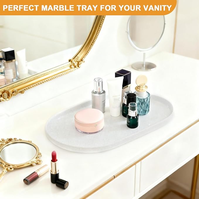 Pure Natural Marble Tray for Bathroom, Dresser, Sink. Cosmetics, toiletries, perfumes, Jewelry, Candles, etc. can be Placed (White Jade, 12" x 8" x 0.7")