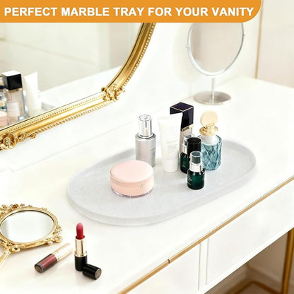 Pure Natural Marble Tray for Bathroom, Dresser, Sink. Cosmetics, toiletries, perfumes, Jewelry, Candles, etc. can be Placed (White Jade, 12" x 8" x 0.7")