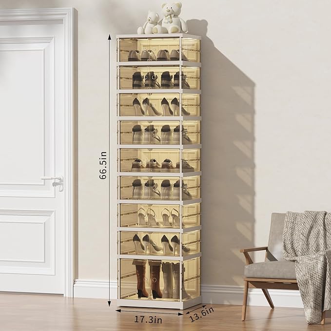 SYNCVIBE Shoe Rack Organizer for Closet Entryway Foldable Sneaker Storage Shoe, Collapsible Shoe Cabinet, Stackable Shoe Storage Cabinet with Lids for Living Room (9 Tiers -18 Pairs Transparent)
