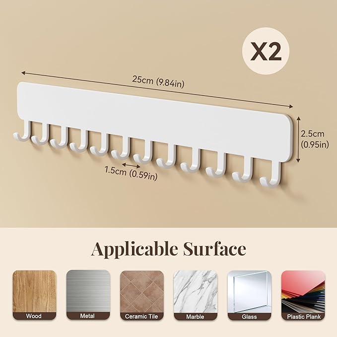 Wall-Mounted Jewelry Organizer, Self-Adhesive Hanging Holder with Hooks for Necklaces, Bracelets, Earrings - Display Storage for Women, 2PCS,White