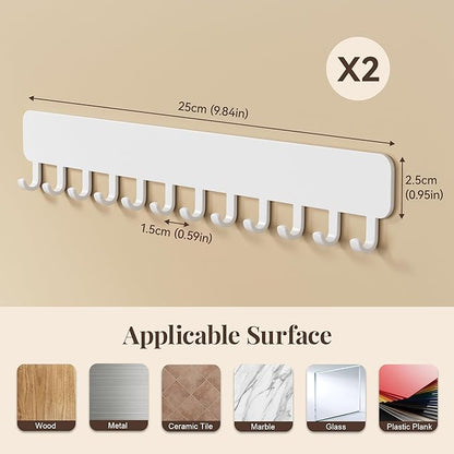 Wall-Mounted Jewelry Organizer, Self-Adhesive Hanging Holder with Hooks for Necklaces, Bracelets, Earrings - Display Storage for Women, 2PCS,White
