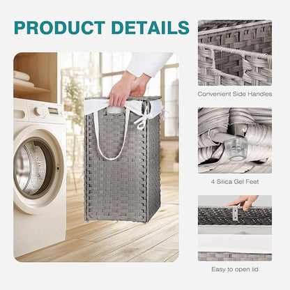 DUMOS Wicker Laundry Basket with Lid, 110L Woven Laundry Hamper with Handles, Foldable Rattan Clothes Hamper with Removable Liner & Sturdy Steel Frame, Dove Gray