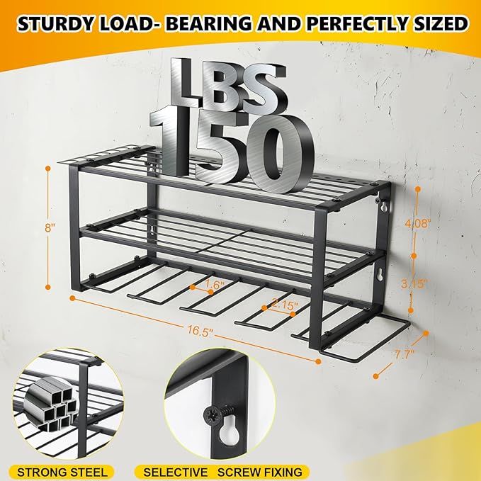 Wall Mount Power Tool Organizer, 3 Layers Garage Wall Organize with 4 Cordless Drill Holders, Storage Rack for Workshop/Garage, 150Lbs Load Capacity, Heavy Duty Iron, Matte Black