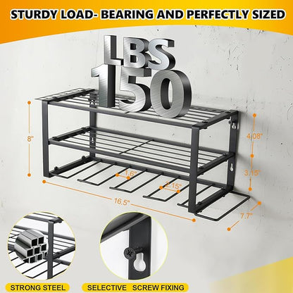 Wall Mount Power Tool Organizer, 3 Layers Garage Wall Organize with 4 Cordless Drill Holders, Storage Rack for Workshop/Garage, 150Lbs Load Capacity, Heavy Duty Iron, Matte Black