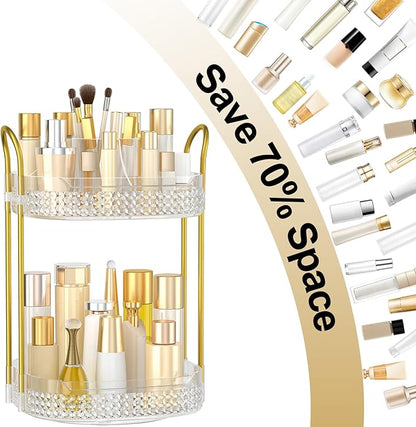 360 Rotating Makeup Organizer 2 Tier, Large Skincare Clear Make Up Storage Spinning Perfume Organizers for Bathroom Counter Dresser, White