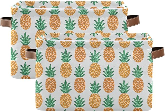 Fun Pineapple Storage Basket Bin, Large Cube Storage Box Canvas Collapsible Storage Organizer for Home Office Closet, 2PCS - 15 L x 11 W x 9.5 H