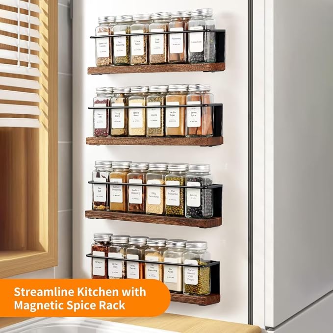 Magnetic Spice Rack Organizer with 12 Jars, 216 Labels, 1 Steel Funnel for Refrigerator，Microwave Oven - Full Set of Seasoning Organizer, Kitchen Gadgets