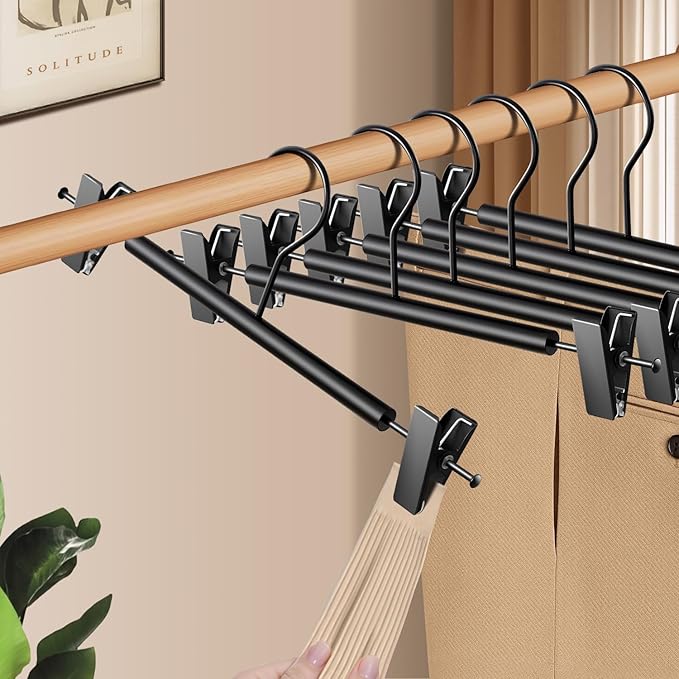 Wooden Pants Hangers with Clips 10 Pack Adjustable Wood Skirt Hangers for Women&Men Space Saving Closet Non Slip Clothes Hanger for Jeans,Trousers,Short,12Inch Black