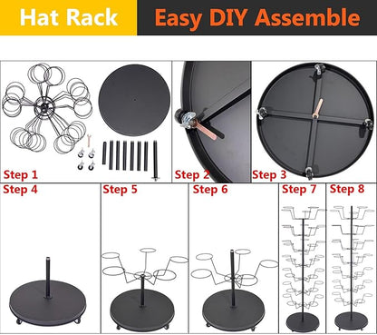 8 Tier Hat Rack with 40 Hooks for Hanging Hats or Wigs, Freestanding Hat Rack Stand, Metal Hat Organizer Rack, Rolling Retail Hat Display Rack for Home/Store (Black,8 Tier)