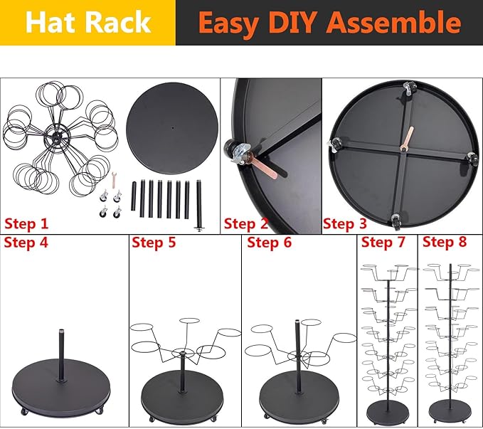 6 Tier Hat Rack with 30 Hooks, Freestanding Hat Rack Stand, Metal Hat Organizer Rack, Rolling Retail Hat Display Rack for Home/Store(Black,6 Tier)