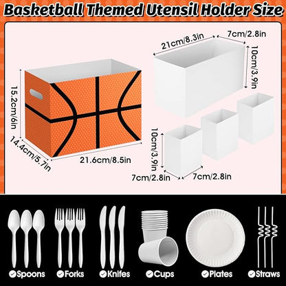 2PCS Basketball Utensil Holder Paper Utensil Caddy for Basketball Party Decorations Disposable Cutlery Holder with Handles for Sports Birthday Party Supplies Boys Party Favors Cutlery Caddy