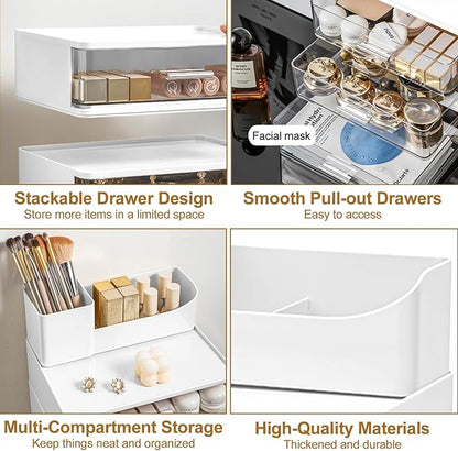 DASITON Makeup Organizer for Vanity with 2 Drawers, Stackable Cosmetic Organizer with Makeup Brush Holder, Plastic Bathroom Organizer Skincare Storage for Brushes, Eyeshadow, Lotions, Lipstick (White)