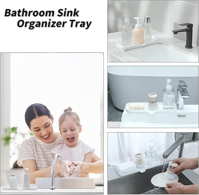 MicoYang Silicone Bathroom Soap Dishes with Drain Spout-Bathroom and Kitchen Sink Organizer,Sponge Holder,Dish Soap Tray,Perfect for Dispenser,Scrubber,Bottle,Cup on Sink or Counter-White 12"×4"