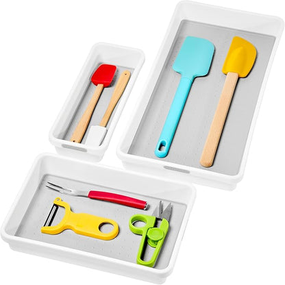 madesmart 3 Bin Drawer Organizer Set, Multi Purpose Storage for Utensils, Office & Bathroom, Organizer for Cutlery, Peeling Tools, Spatulas, Soft Grip Lining, Durable & Easy to Clean, White