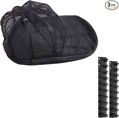 Fa&me Premium Kit: 1 Heavy-Duty Cap Washer with Protective Mesh for Washing Machine + 2 Wall Mount Hat Organizer Racks - Cap Storage and Cleaning (Black)