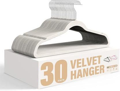 Simple Deluxe Velvet Hangers 30 Pack, Non-Slip Clothes Hangers with Shoulder Notches, 360° Swivel Hooks, Heavy Duty Coat Suit Hangers for Closet Space Saving, White