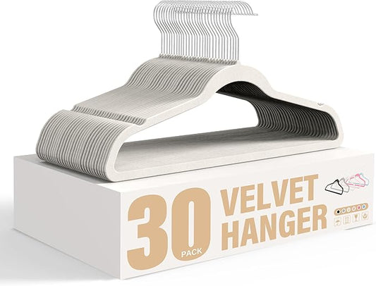 Simple Deluxe Velvet Hangers 30 Pack, Non-Slip Clothes Hangers with Shoulder Notches, 360° Swivel Hooks, Heavy Duty Coat Suit Hangers for Closet Space Saving, White
