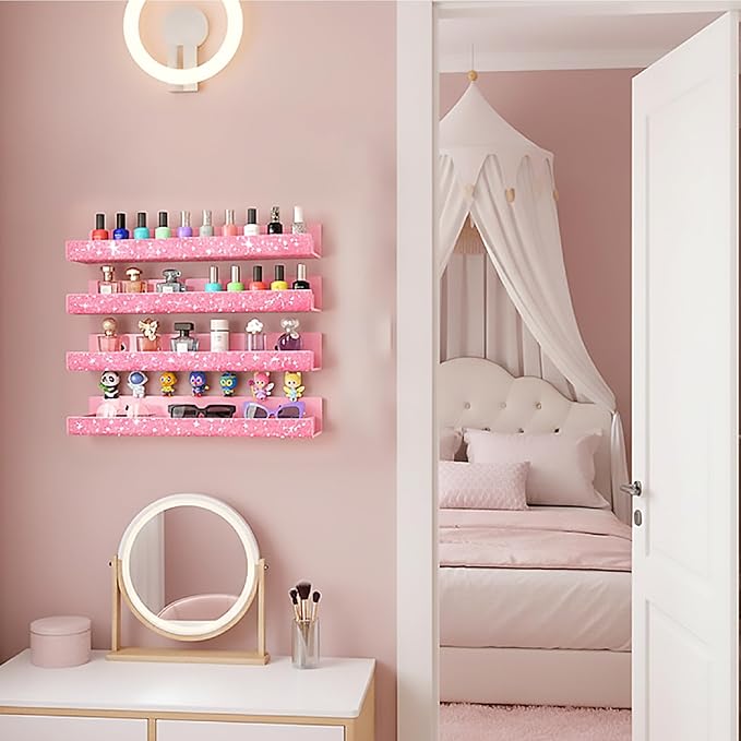 4 Pack 15 Inch Nail Polish Organizer，Diamond Crystal Rhinestone Acrylic Nail Polish Organizer，Sunglasses Essential Oil Picture Display Storage Pink