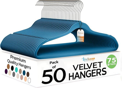 Techzoo Premium Velvet Hangers 50 Pack Ultra Thin Non Slip Adult Felt Space Saving Slim Suit Hanger for Closet Heavy Duty Coat Pants Jackets Dress Hangers 360° Swivel Hook Hold Upto 10 lbs Blue