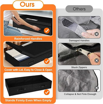 StoreHappily Under Bed Storage Containers with Lids - 2 Pack, Foldable and Stackable Clothes Storage Bags with Clear Window, 3-Sided Handles and Label Slot for Clothing, Blankets, Pillows (Black)