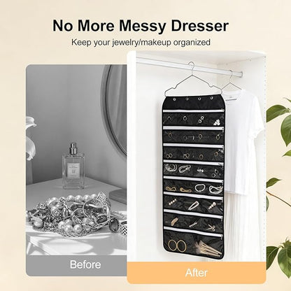 Hanging Jewelry Organizer Storage Roll 56 Zippered Pockets with Detachable Hanger Double-Sided Foldable, Travel Jewelry Holder for Earrings, Rings, Bracelets, Hanging on Closet, Wall, Door, Black