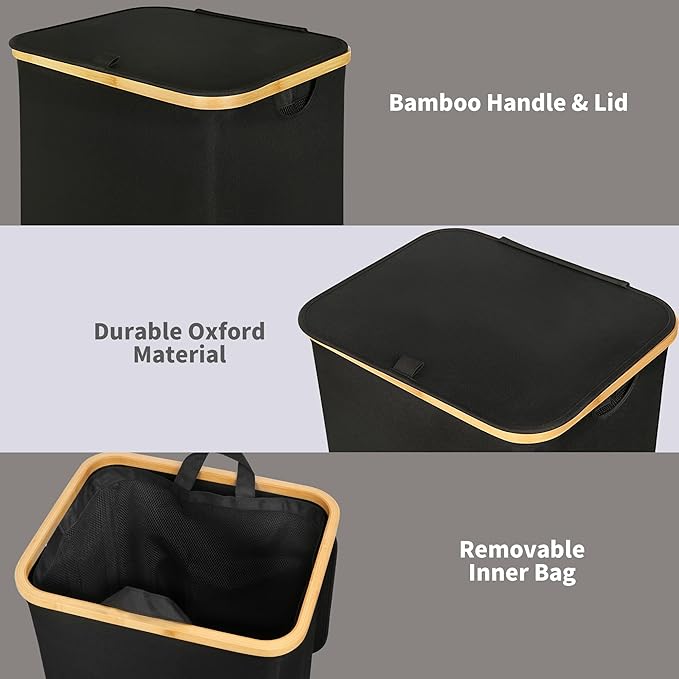 efluky 100L Laundry Basket with Lid and Net Bag, Tall Laundry Hamper with Bamboo Handles, Aesthetic Dirty Clothes Bin for Laundry Room, Bathroom, Bedroom and Dorm, Black