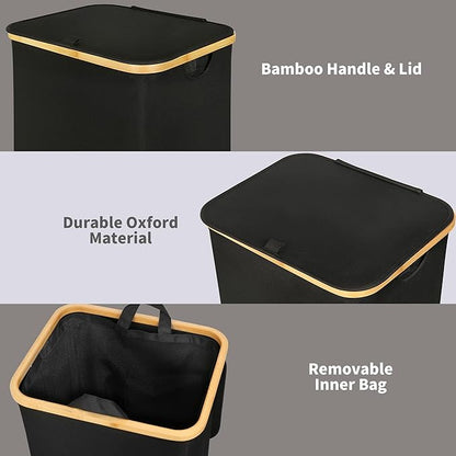 efluky 100L Laundry Basket with Lid and Net Bag, Tall Laundry Hamper with Bamboo Handles, Aesthetic Dirty Clothes Bin for Laundry Room, Bathroom, Bedroom and Dorm, Black
