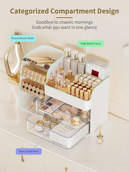 Booklov Makeup Organizer for Vanity, Countertop Cosmetic Display Case with Clear Acrylic Drawers, Bathroom Counter Beauty Caddy, Cute Table Storage Holder for Skincare, Brush Lipsticks, Crystal White