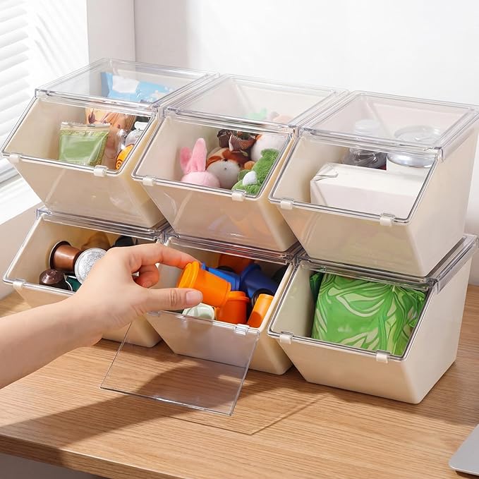 Yerliker 6 Pcs Clear Plastic Storage Bins with Lids Large Stackable Pantry Storage Organizer Bins Kitchen Organization Cabinet Organizers Ideal Containers for Fridge, Kitchen, Cabinets (White)