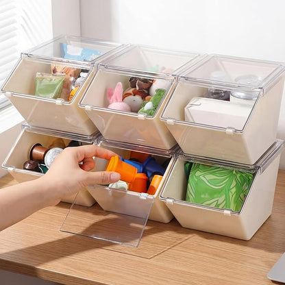 Yerliker 6 Pcs Clear Plastic Storage Bins with Lids Large Stackable Pantry Storage Organizer Bins Kitchen Organization Cabinet Organizers Ideal Containers for Fridge, Kitchen, Cabinets (White)