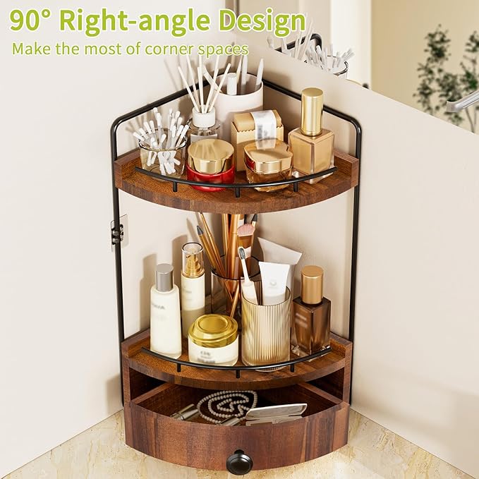 2-Tier Corner Bathroom Counter Organizer with Drawer & Embedded Screw Holes - Wooden Countertop Organizers for Skincare, Makeup Storage, Bathroom Sink Counter Shelf for Vanity, Acacia Wood-Brown