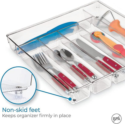 iDesign Linus BPA-Free Plastic Divided Drawer Organizer Tray-13.5" x 13.25" x 2.25", Clear, 6 Section