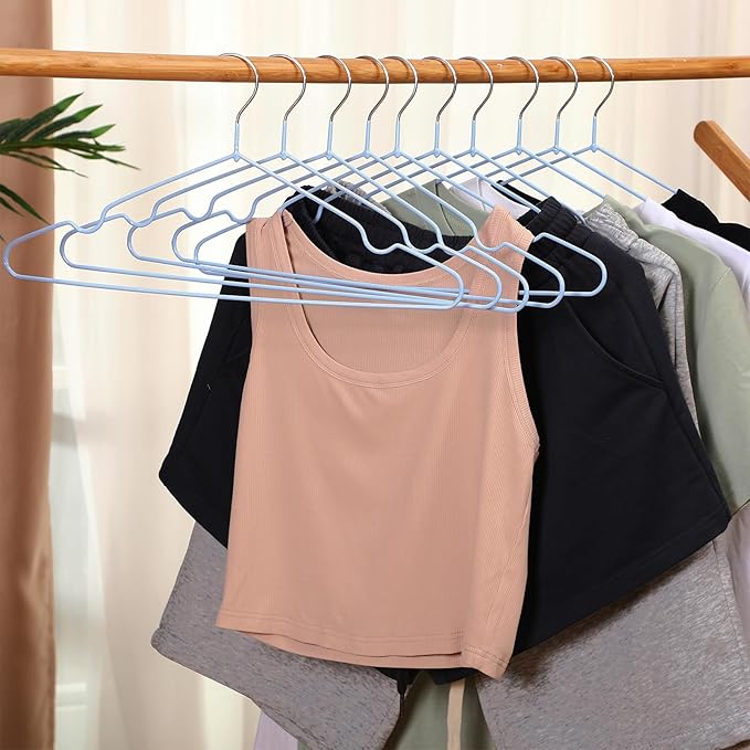 Wesiti 100 Pcs Metal Wire Non Slip Hangers for Clothes Space Saving Hanger Strong 15.7 in Triangle Clothes Coat Suit Bridal Boutique Dress for Closet Dorm Rack (Light Blue)