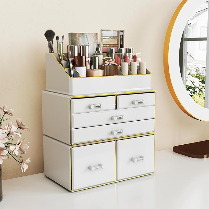 Delamu 3-Tier 6-Drawer Makeup Organizer Countertop Cosmetic Organizer for Dresser and Vanity Bathroom Organizers and Storage for Lipstick Brush Skincare Perfume, Nail Polish, White with Gold Edges
