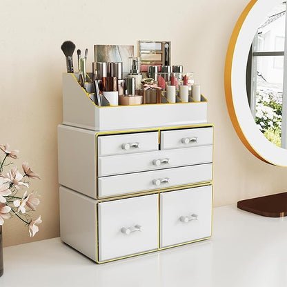 Delamu 3-Tier 6-Drawer Makeup Organizer Countertop Cosmetic Organizer for Dresser and Vanity Bathroom Organizers and Storage for Lipstick Brush Skincare Perfume, Nail Polish, White with Gold Edges