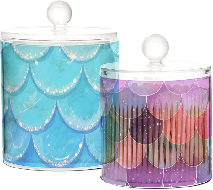 2 Pack Qtip Dispenser Apothecary Jars with Lids Cotton Round Holder Bathroom Canisters for Cotton Swab Floss Ball Pads Clear Plastic Decorative Blue Fish Scale