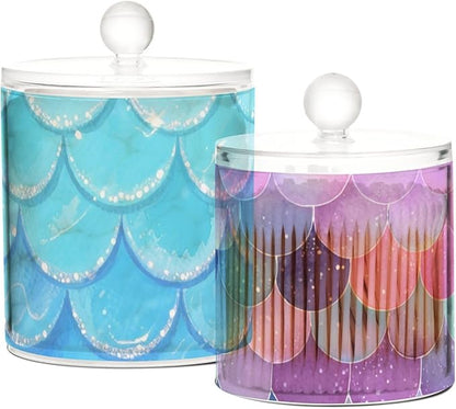 2 Pack Qtip Dispenser Apothecary Jars with Lids Cotton Round Holder Bathroom Canisters for Cotton Swab Floss Ball Pads Clear Plastic Decorative Blue Fish Scale