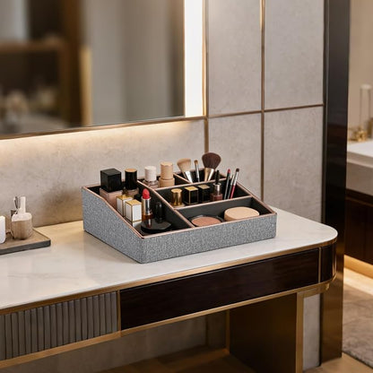 PU Leather Makeup Organizer Tray,Large Vanity Organizer,Cosmetic Storage Box for Lipstick Brushes Skincare Perfume,Cosmetic Display Case Rose Gold-trimmed for Dresser,Bathroom Countertop(Grey)