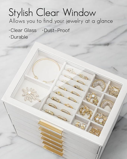 VLANDO 6 Layer Jewelry Box for Women, Glass Lid Jewelry Organizer with 6 Drawers for Necklaces Rings Earrings Bracelets - White