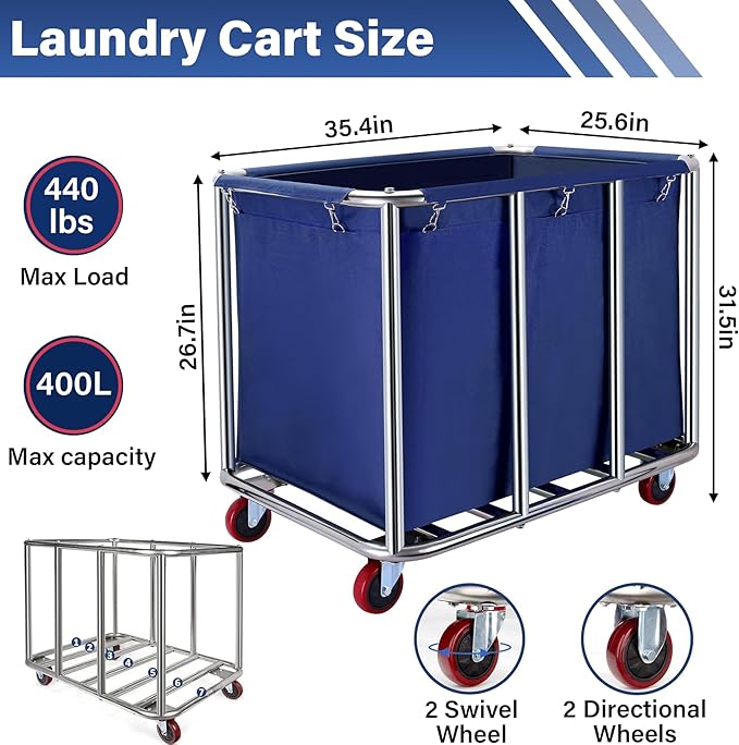 Commercial Laundry Cart with Wheels, 400L Capacity Heavy Duty Large Laundry Basket with Watertight Oxford Bag and Sturdy Steel Frame for Home, Hotel,Hospital,440 lbs(Blue)
