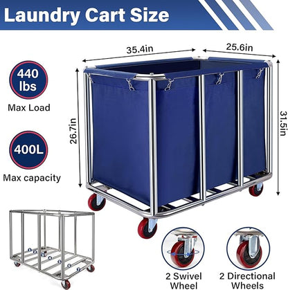 Commercial Laundry Cart with Wheels, 400L Capacity Heavy Duty Large Laundry Basket with Watertight Oxford Bag and Sturdy Steel Frame for Home, Hotel,Hospital,440 lbs(Blue)
