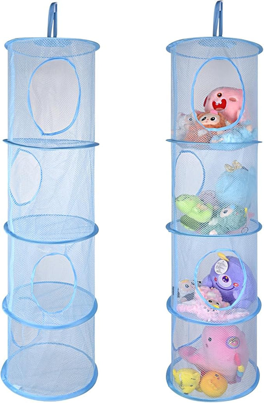 ChezMax Hanging Mesh Stuffed Animal Storage - 4 Tiers 2 Pack Large Stuffed Animal Net Organizer, Foldable Space Saver Bags Plushie Basket Organization Holder Room Bedroom Playroom Wardrobe Blue