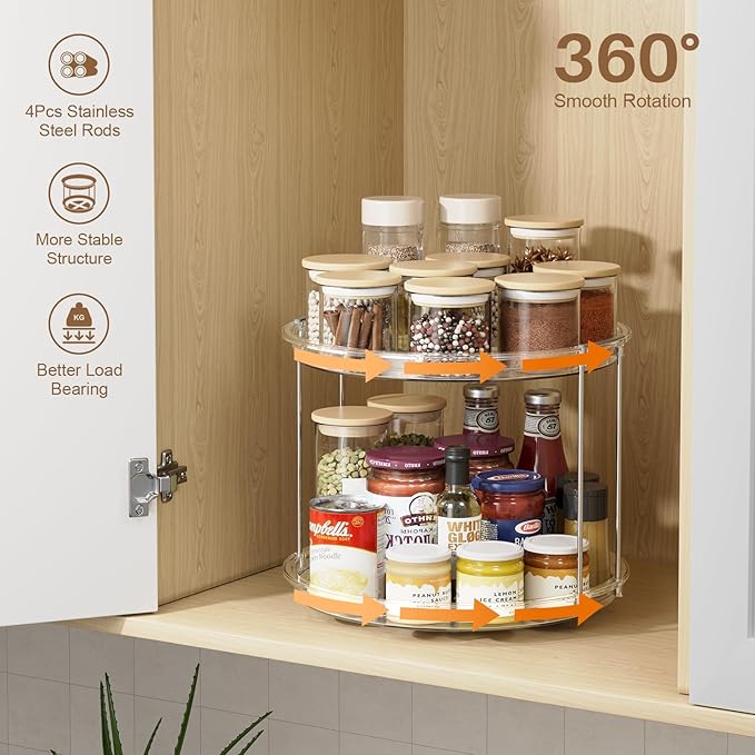 LAMU 2Pack 2 Tier Lazy Susan Organizer 12 inch Large Lazy Susan Turntable Rotating Spice Rack Organization for Cabinet, Kitchen, Pantry, Countertop, Bathroom, Vanity, Medicine Cabinet Organizer, Clear